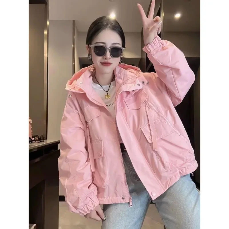 

2024 New Autumn Temperament Fashion Women Windbreaker Jacket Loose Short zippers Casual Hooded Female Outerwear Tops