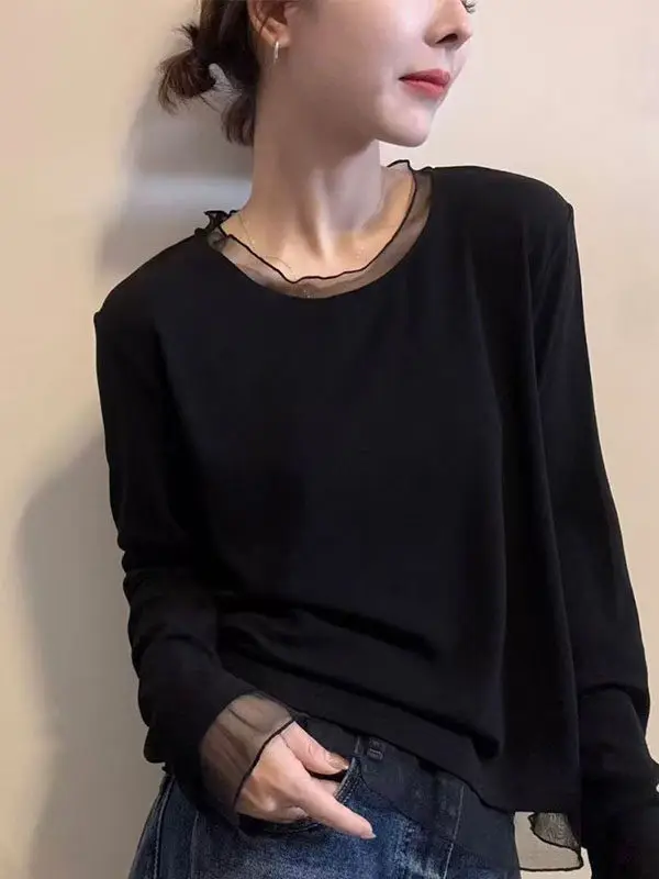 Fashionable Korean Style Long Sleeve T-Shirt Women's Base Shirt Lace Trimmed Fluffy Mesh Underwear Casual Loose Fit Spring