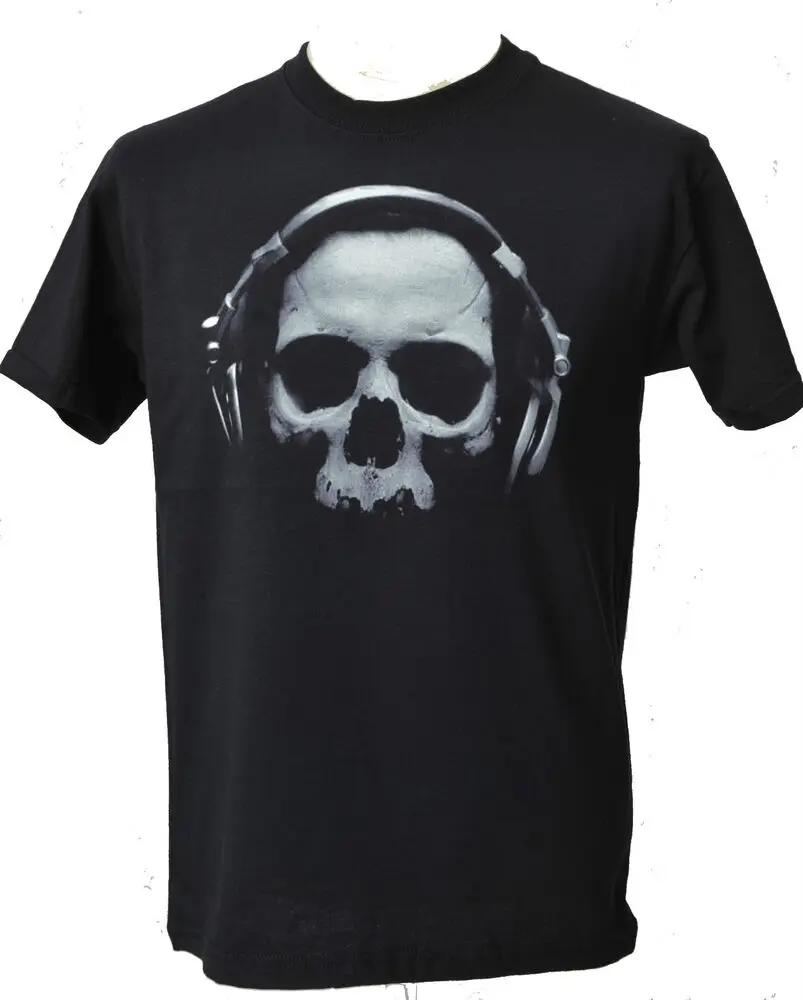 MENS BLACK T SHIRT SKULL WITH HEADPHONES DJ MUSIC GOTH RAVE DANCE  S - 5XLLuxury Brand Retro Oversized cotton luxury brand retro