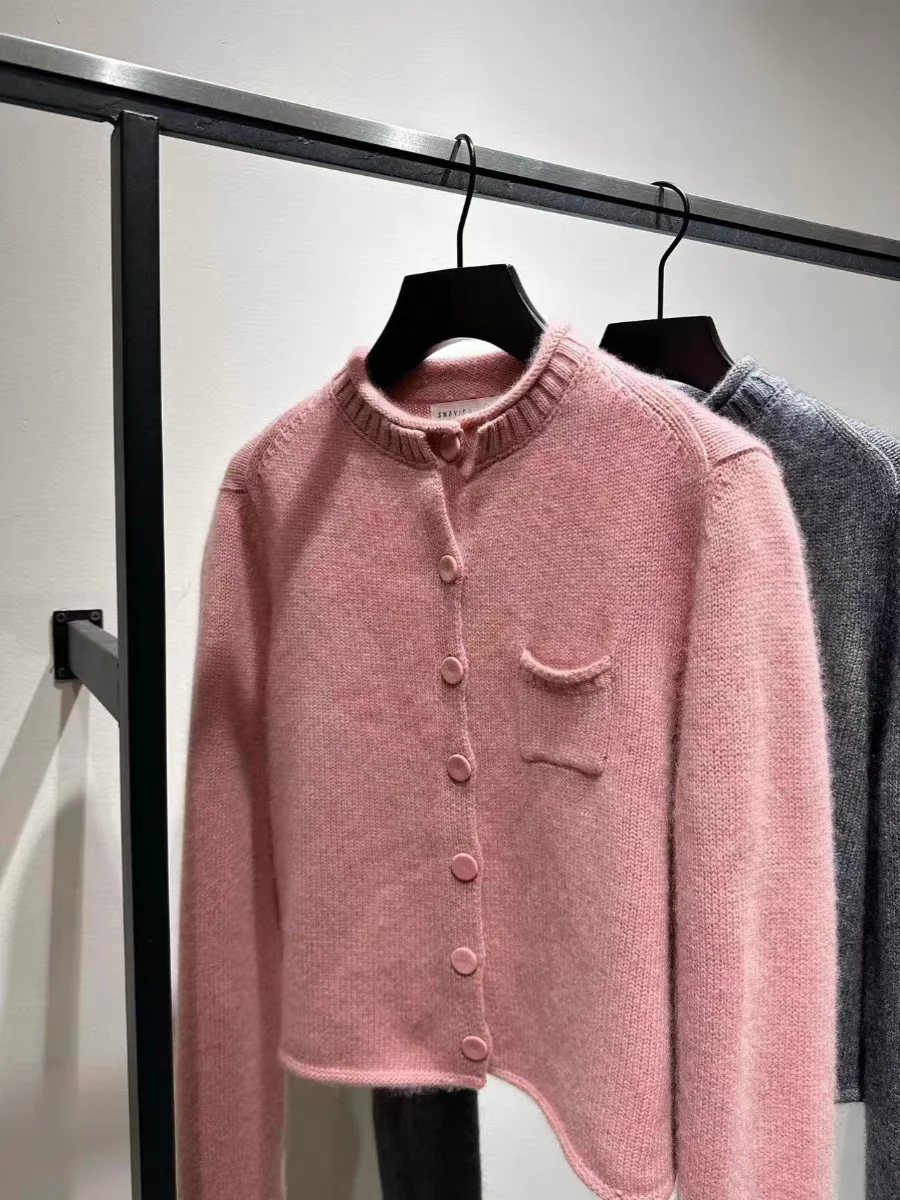 

ATTYYWS Короткий модный вязаный женский кардиган, свитер из 100% шерсти, осенне-зимнее пальто серии, женский новый шерстяной свитер с круглым вырезом