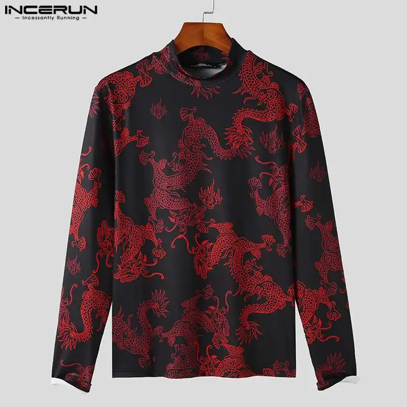 2023 Men T Shirts Vintage Printing Turtleneck Long Sleeve Casual Camisetas Streetwear Fitness Autumn Undershirt S-5XL INCERUN