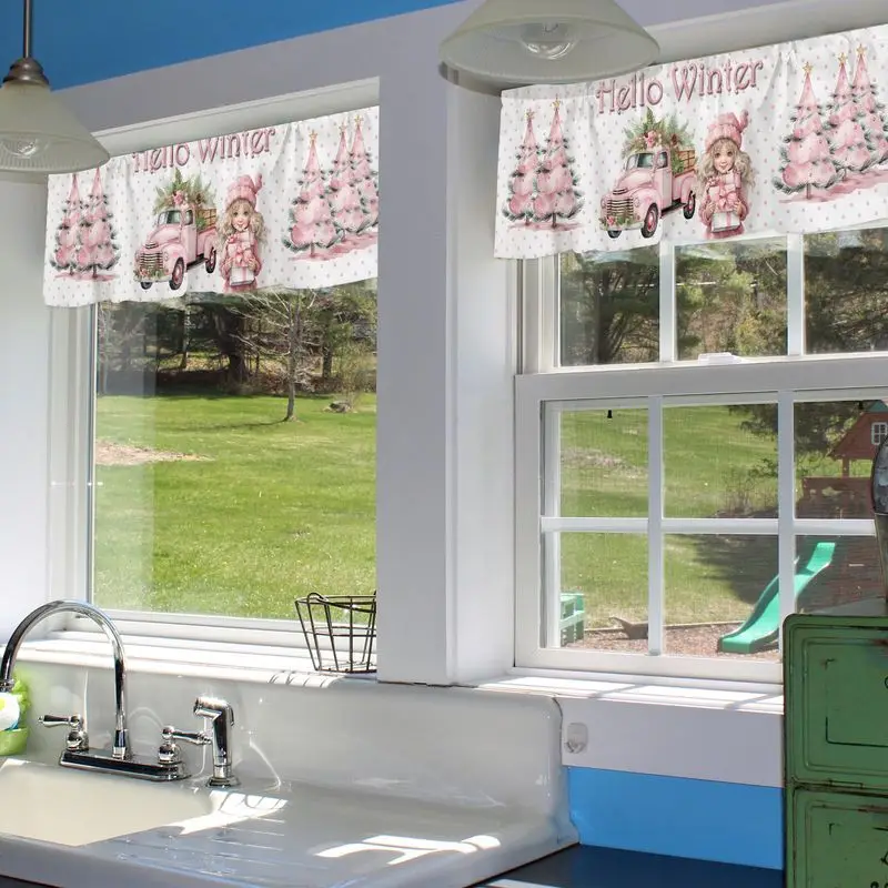VIKAMA Pink Hello Winter Blush Pickup Truck Girl Pine Christmas Short Window Curtain Cute Pastel Girly Holiday Home Decor Unique