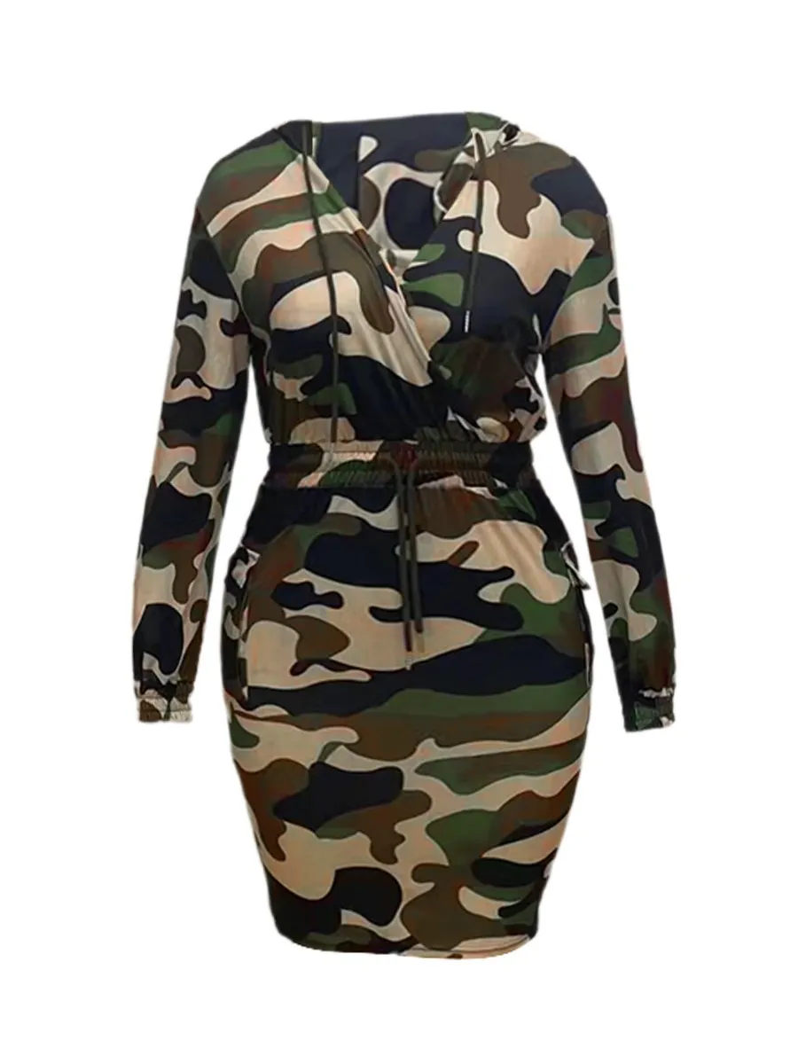 LW-Robe cargo à imprimé camouflage pour femme, sweat à capuche à col en V, manches longues, pull à lacets, robe décontractée, poche latérale, grande taille