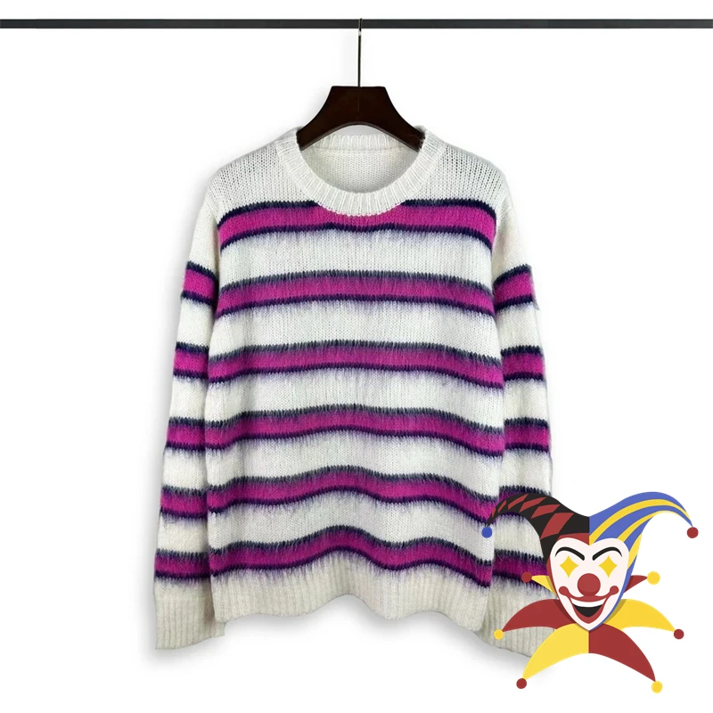 

Mohair Rose And White Stripe Knit Sweater Crewneck Men Women Oversized Sweatshirts