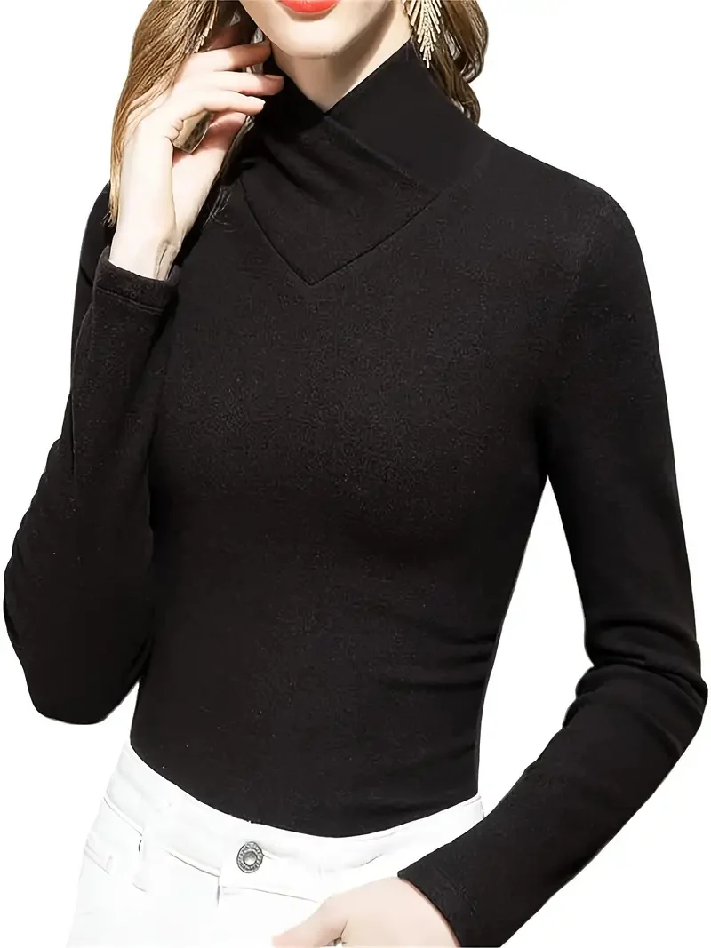 Herbst/Winter Damen Casual Langarm-T-Shirt mit hohem Kragen – Detail 3
