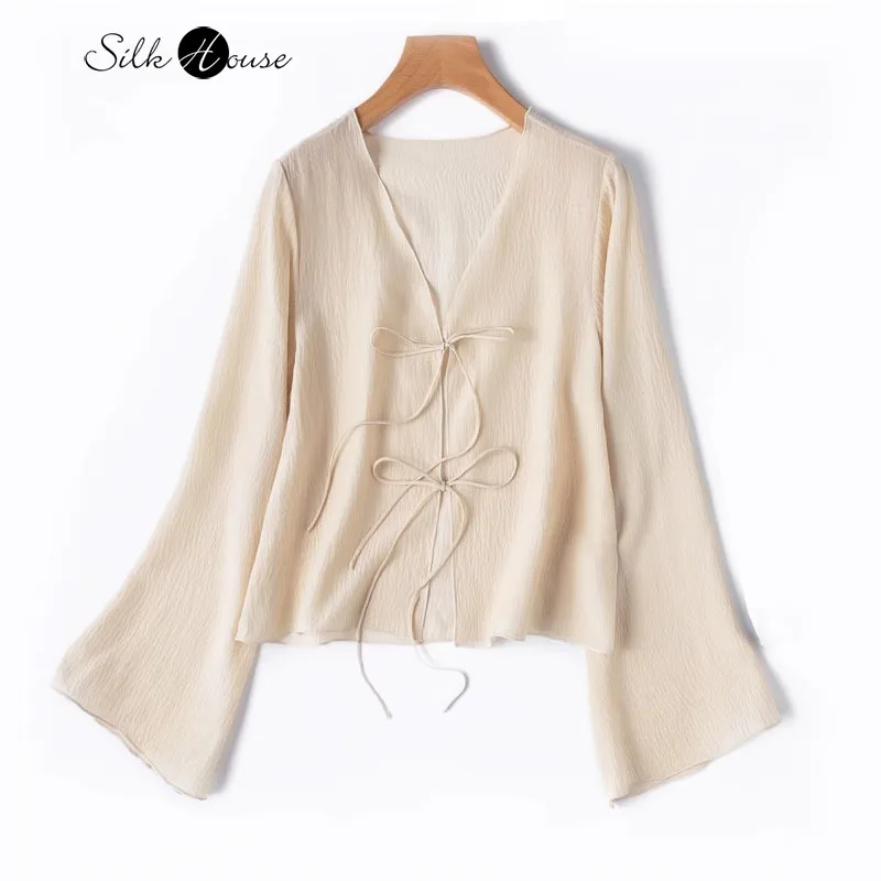 Summer Cool Lightweight Air Feeling 100% Natural Mulberry Silk Bubble Wrinkled Long Sleeve Women's Sunscreen Shawl