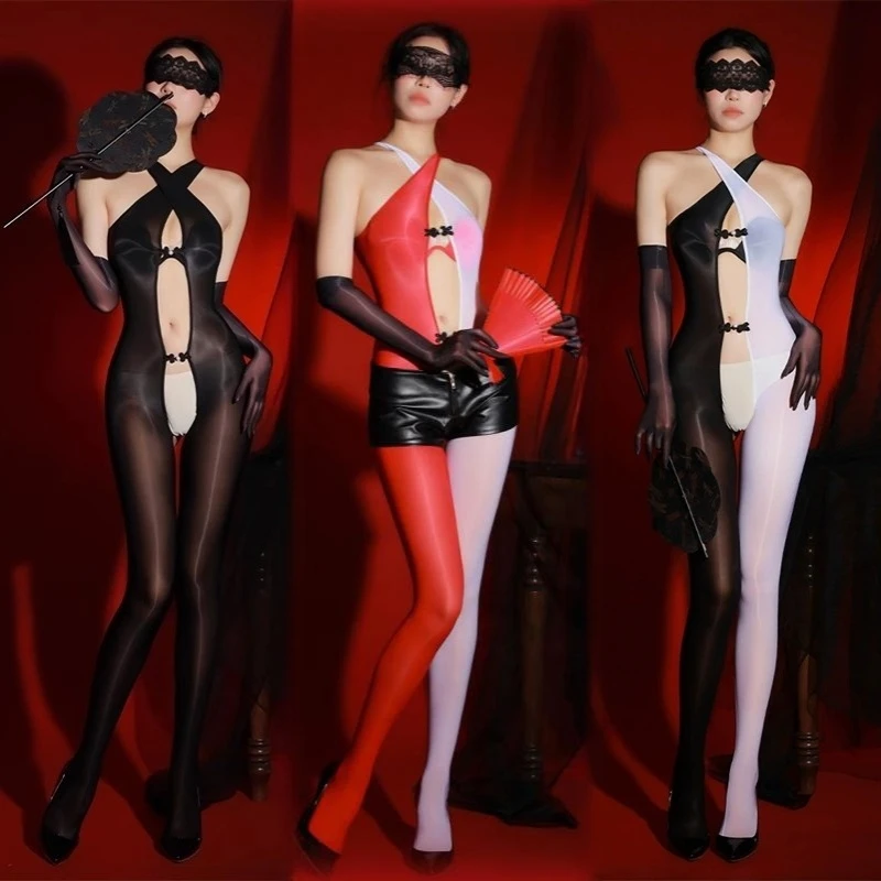 

Vintage Buttons Cosplay Costumes 6D Oil Shiny Cross Backless Crotchless Body Stockings Women Sexy Transparent Lingerie
