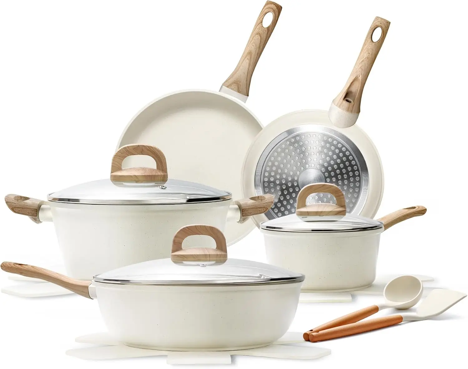 

Набор посуды и сковороды из гранита с антипригарным покрытием, 14 предметов, индукционные кастрюли и сковороды, здоровые кухонные принадлежности без PFAS для домашних повара