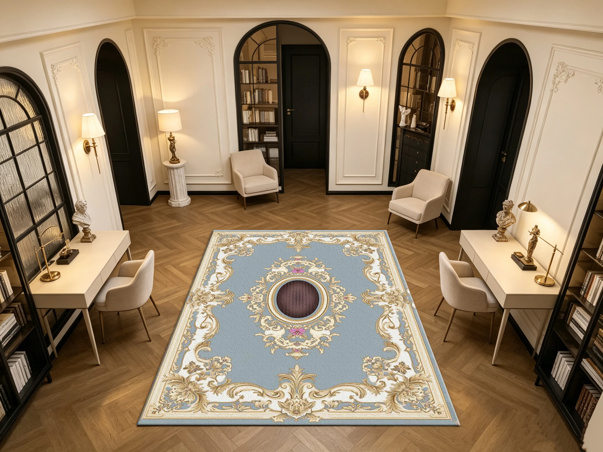 Light Blue Golden European Royal Pattern Carpet Flooring Luxury Household Indoor Decor Floor Rug
