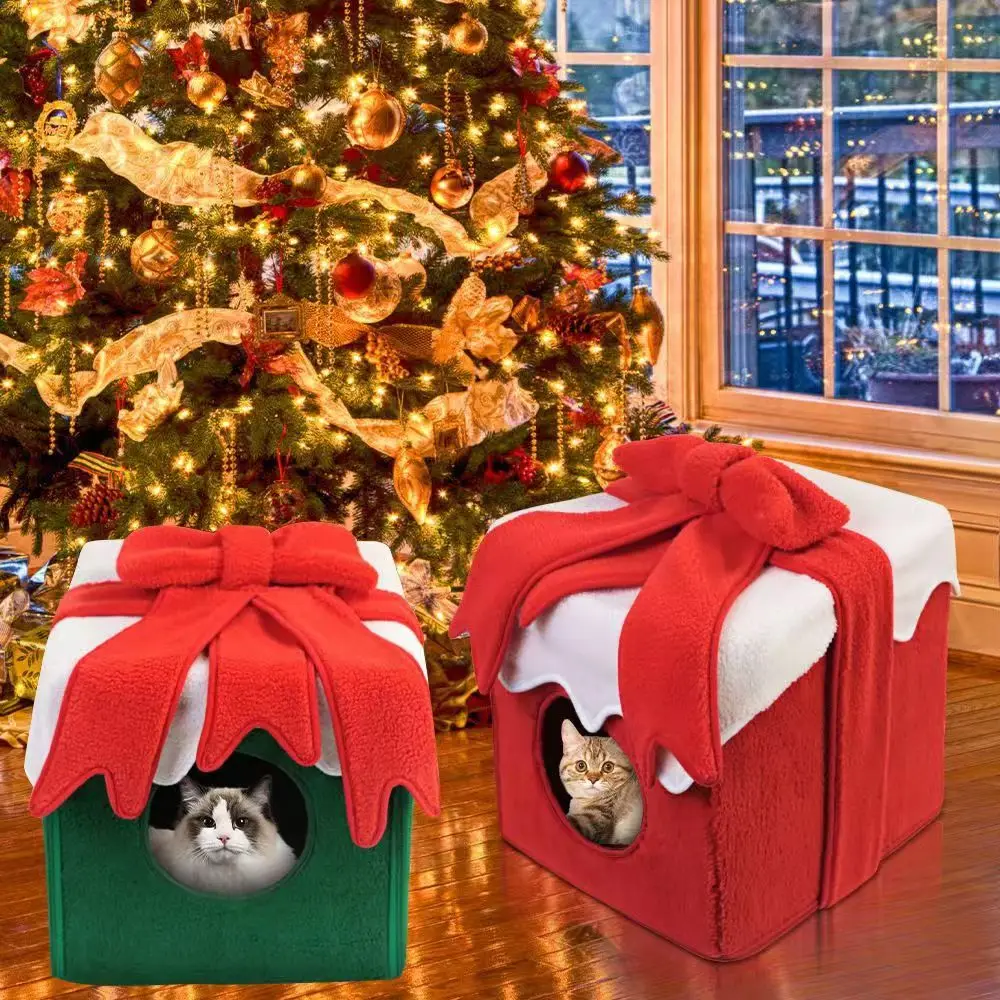 Christmas Style Cat Nest with Removable Gift Box Autumn and Winter Warmth,Removable and Washable Plush Large Space Cotton Nest