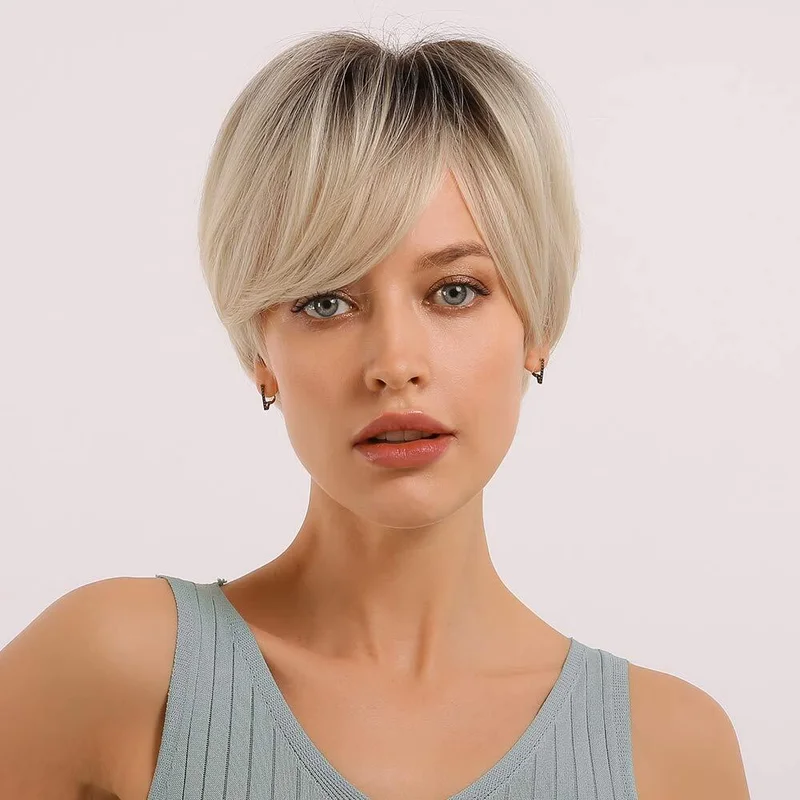 Ombre Blonde Short Pixie Cut Wigs with Bangs for White Women Short Bob Wigs USA