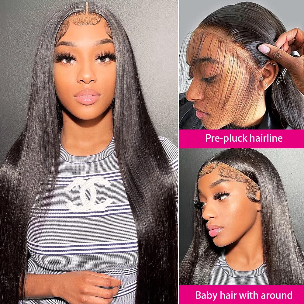 Glueless Wig 100% Human Hair Long Straight Frontal 5x5 Transparent Lace Natural Color 180% Glueless Wigs Human Hair 12-36 Inches