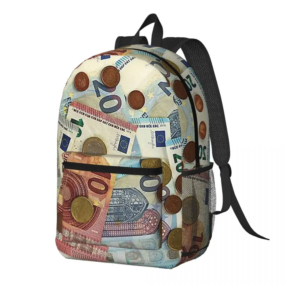 

Euro Banknotes And Coins Backpack Daypack Large Capacity Kids BookBag School Bag Shoulder Bags for Men Women