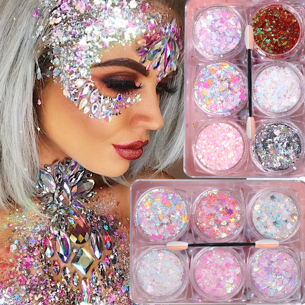 6Jars Festival Body Glitter Gel Nail Hair Face Flash Eye Loose Sequin Cream Diamond Jewels DIY Lips Eye Glitter for Makeup Party