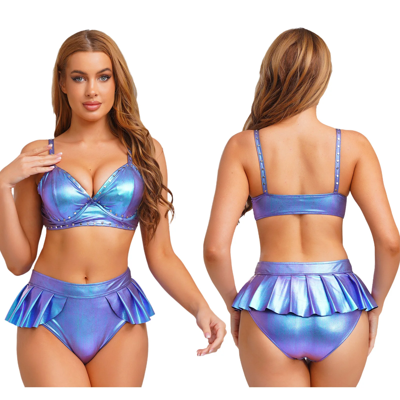 

Women Metallic Padded Swimwear Party Swimsuit Outfits Underwire Rivets Decor Bikini Bra And Briefs with Pleated Hem Bathing Suit