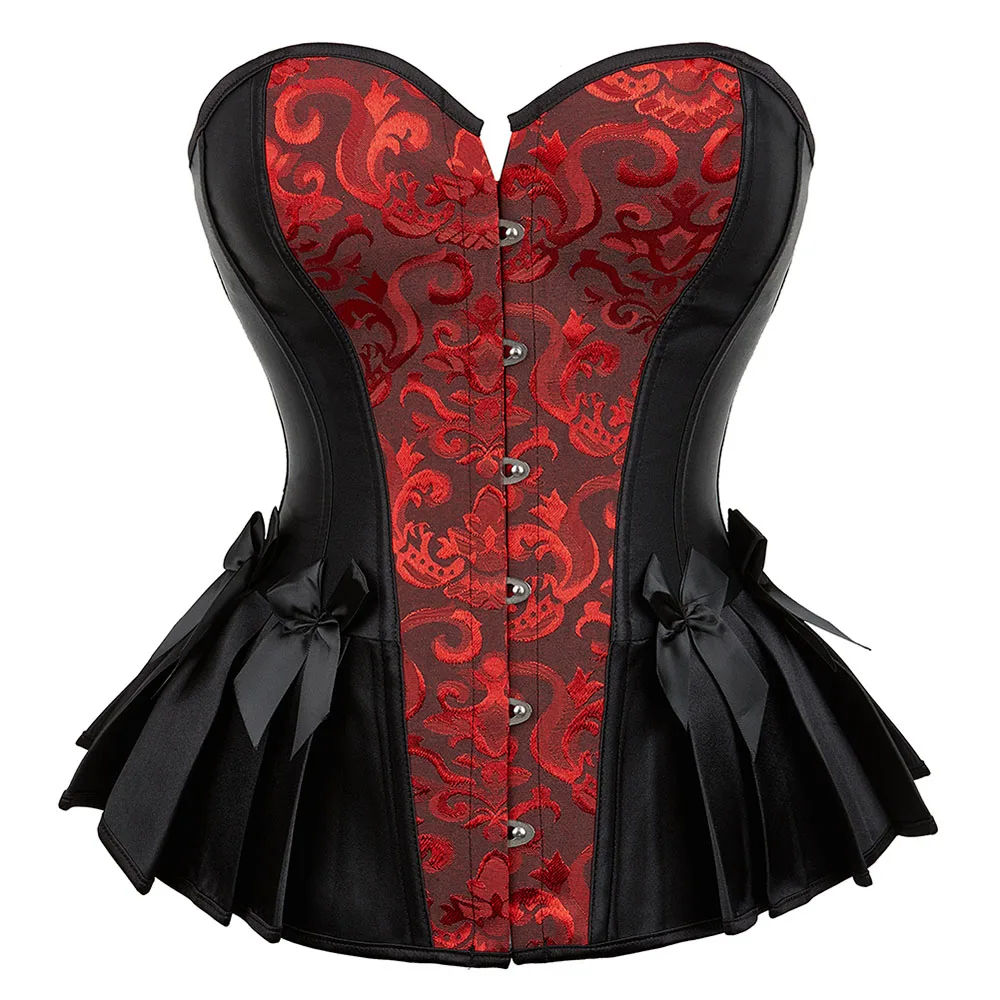 Women Overbust Corset Vintage Jacquard Satin Fashion Pleated Hem Bustier Top Gothic Body Shaper Corselet