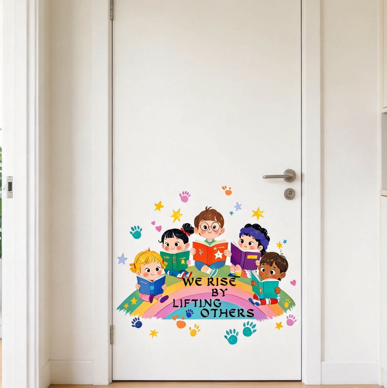 We Rise By Lifting Others Wall Stickers Diverse Kids Reading Books Rainbow Star Paw Print Inspirational Quote Wall Decals Remova