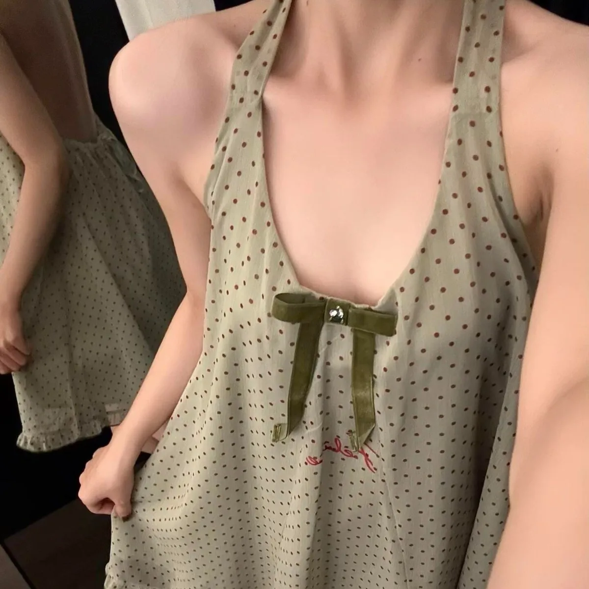 Summer Neck Hanging Home Nightgown, Women's Polka Dot Sexy Backless Nightgown, Loose and Comfortable Home Wear, Pajamas
