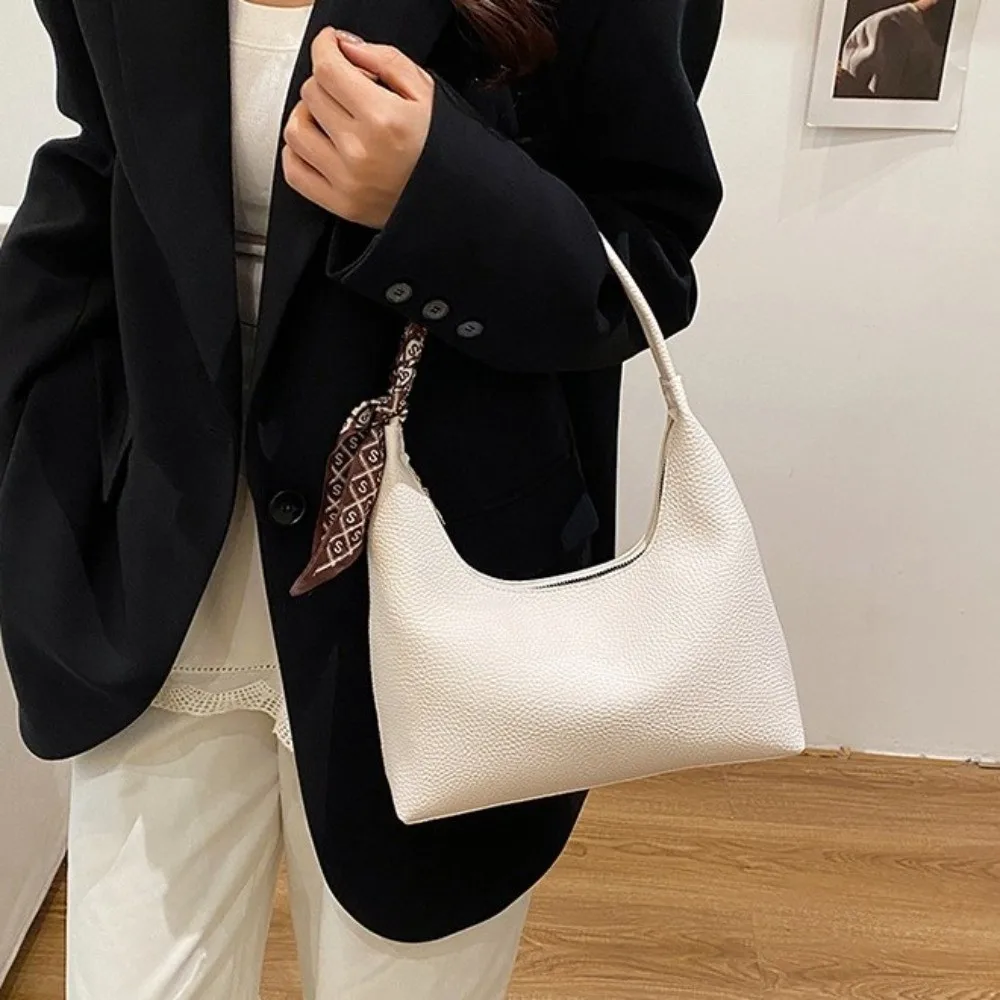 Spacious Textured Tote Bag Durable Zipper Detachable Scarf Leather Shoulder Purse Versatile Trendy Underarm Handbag Commuting
