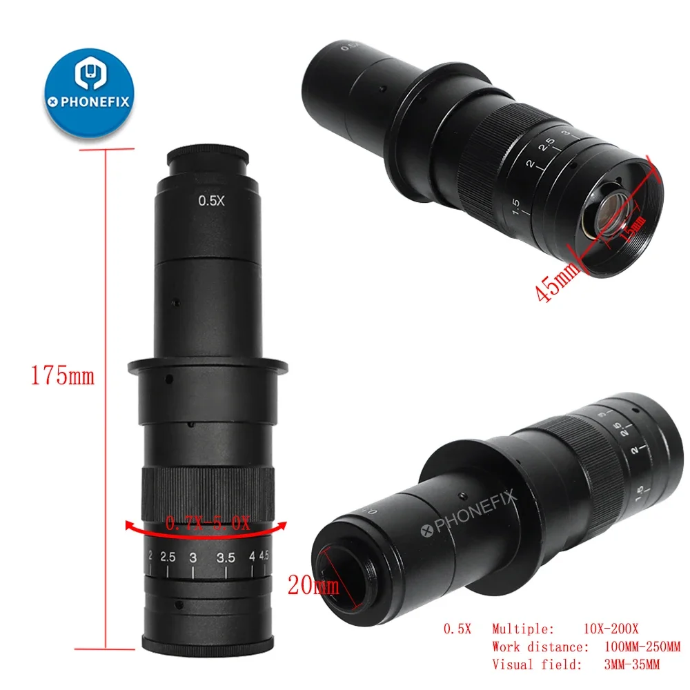 200x Industry Video Microscope Camera C Mount Lens Adjustable Magnification Monocular Zoom C Mount Lens For HDMI VGA USB Camera