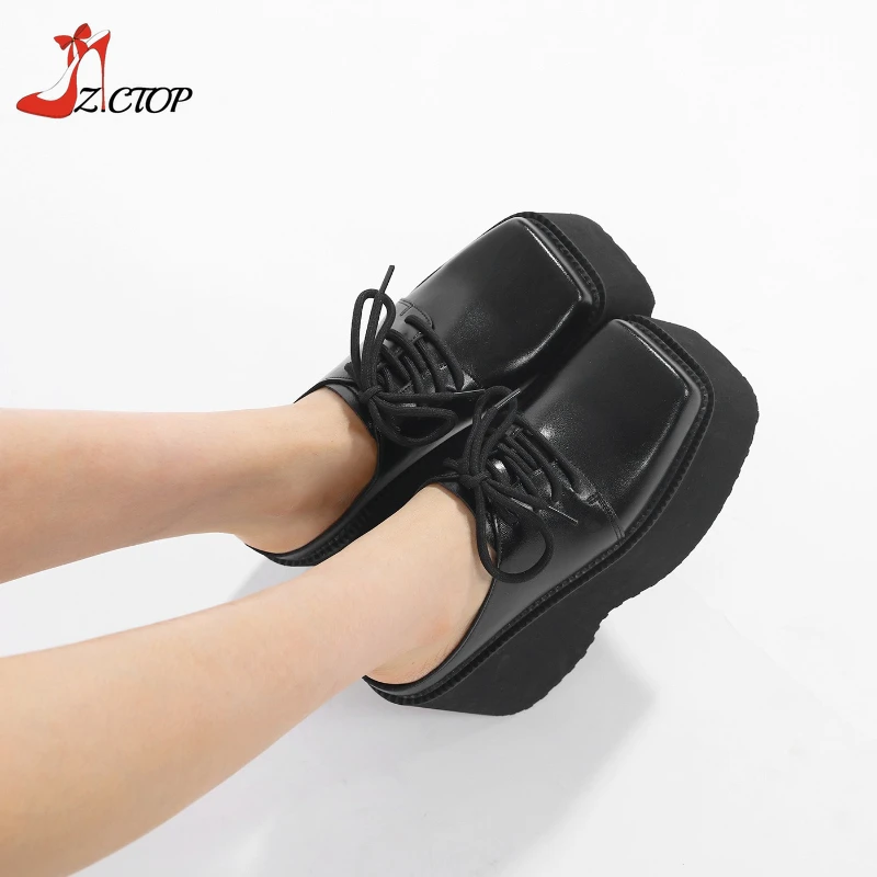 Black Platform Sandals Wedge High Heels Women Closed Toe Chunky Slippers Mules Outdoor Slip On Gothic Punk Shoes Big Size 42 43