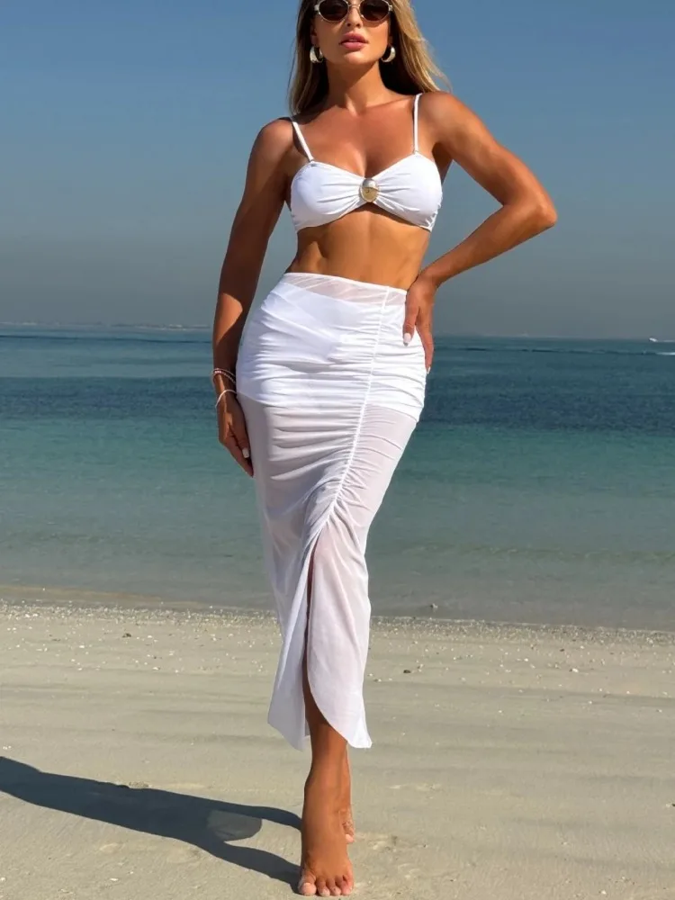 

2025 Women Sexy Mesh Skirt 3 Piece Bikini Set Push Up High Waist Swimsuit Black White Front Buckle Beach Bathing Suit Swimwear