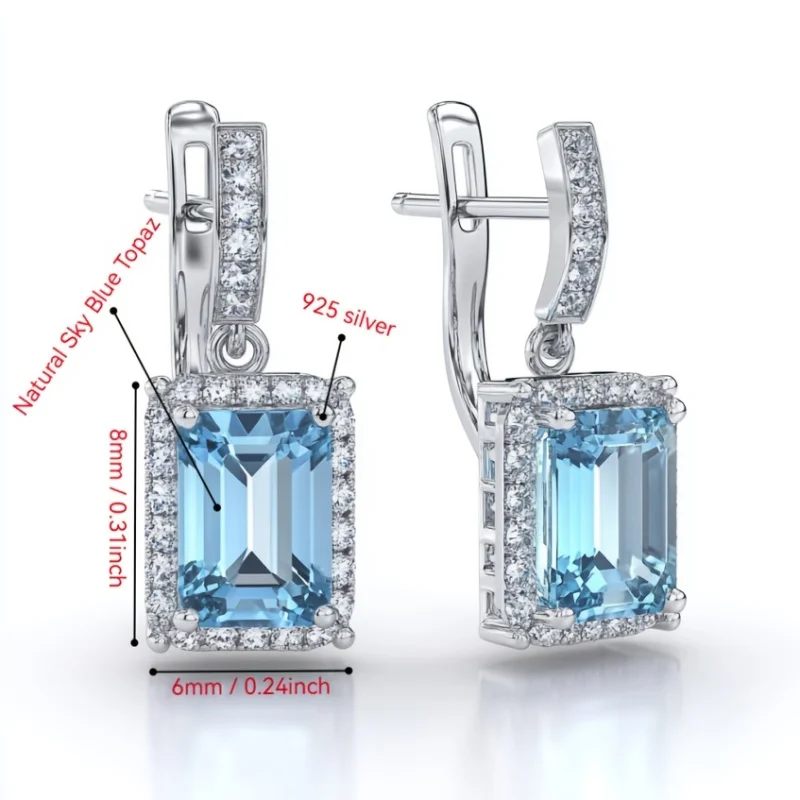 SGARIT Solid 925 Sterling Silver Cuboid Topaz Emerald Cut Earrings for Women 5A Zircon Jewelry Wedding Band Party Fine Gift