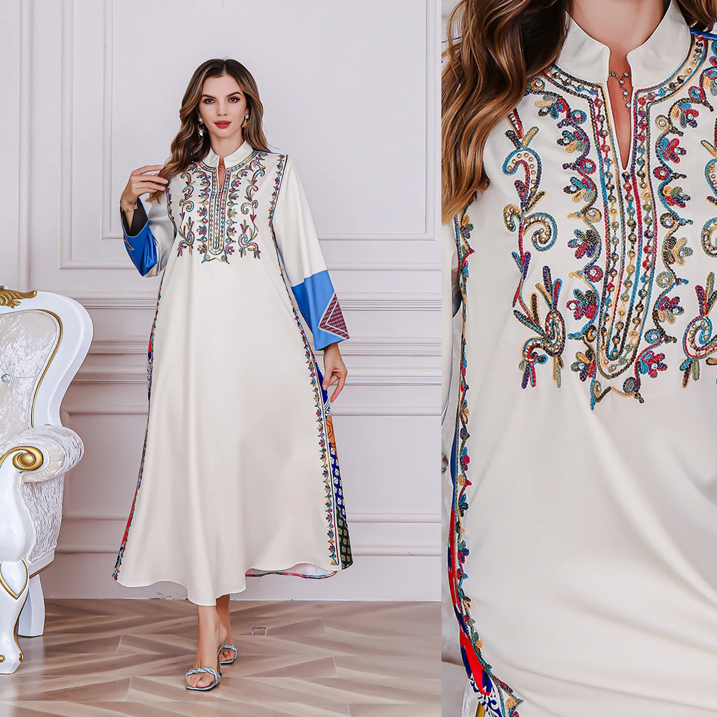 

Muslim Fashion Flower Rope Embroidered Glitter Casual Abaya Long Sleeve V-neck Tassel Dress Morocco Dubai Women's Robe