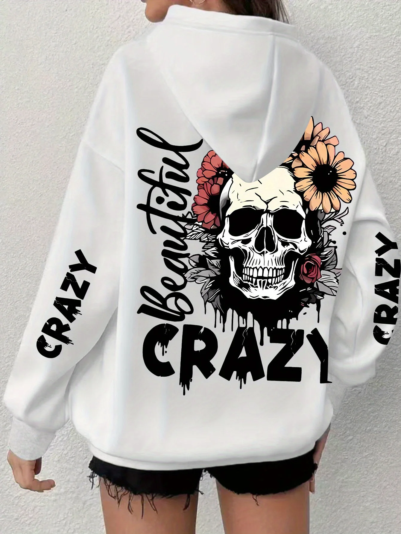 

Vintage Skull Flower Letter Printed Hoodie Women Men Fun Skeleton and Daisy Hoodies Gifts
