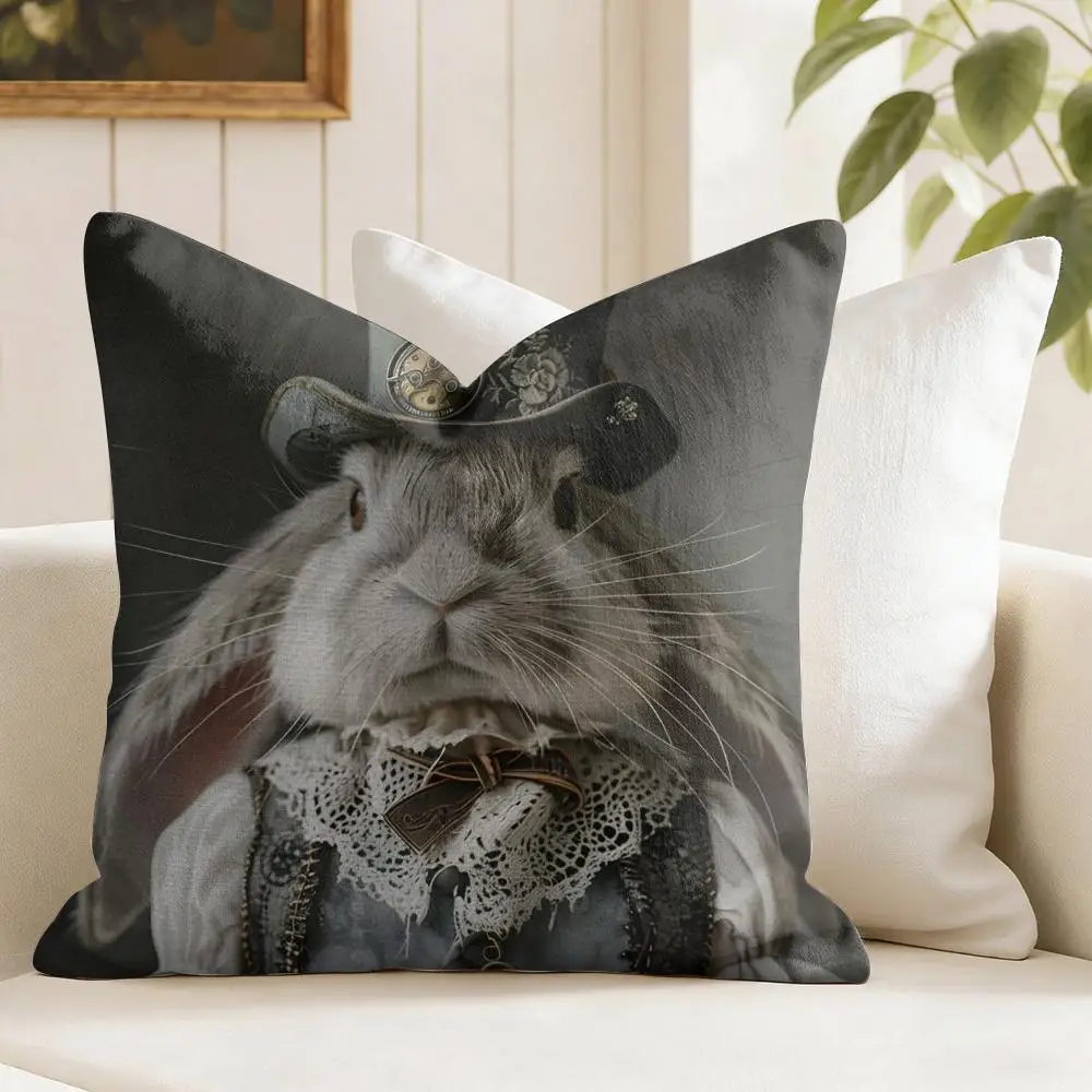 Rabbit Portrait Renaissance Cushion Cover Eco Linen Pillow Case Double-Sided Print Breathable Durable Zipper Home Decor Gift