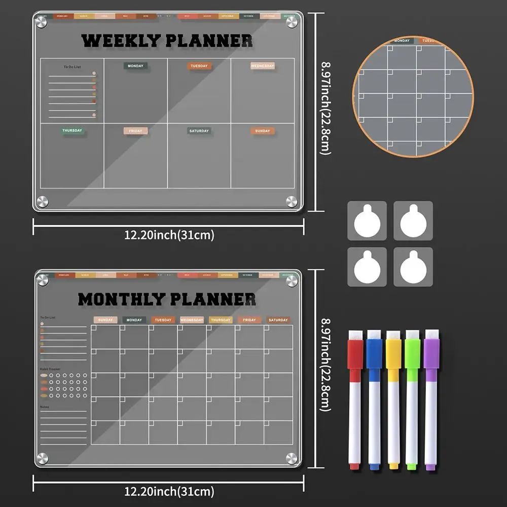 مخطط أسبوعي من الأكريليك المغناطيسي ثلاثي الأبعاد، مغناطيس ثلاجة شفاف، مذكرة تقويم شهرية قابلة لإعادة الاستخدام مع 5 علامات