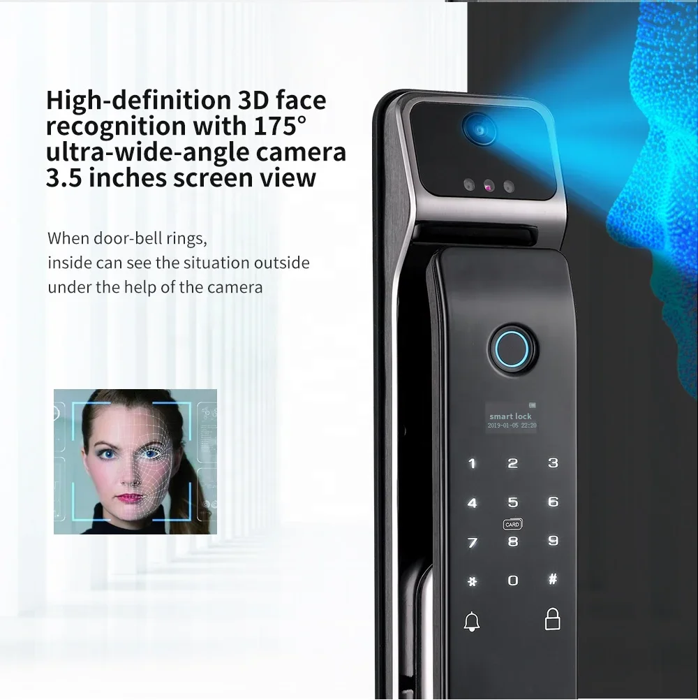 Smart Home 3D Face Recognition Door Lock, cinza, App, controle de telefone, impressão digital, Wifi, Tuya, luxo, alta qualidade