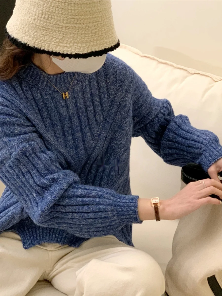 JingTai Deep Blue Knitted Sweater Mixed Yarn 3D Knitwear French Sle round Ne Long Sve Regular Fit Single Piece