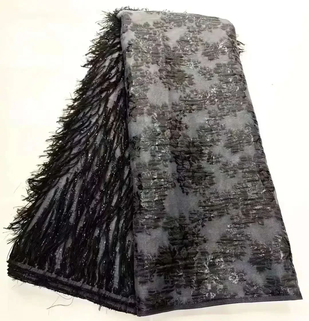 

African Jacquard Lace Fabric Fluffy Feather Nigerian Brocade TGilding Material Floral Organza Tulle Mesh Brocard Tissu 5Yard