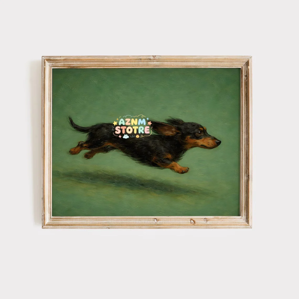 Classic Oil Painting Style Dachshund Wall Print Decor - Timeless Illustration of a Energetic Black-and-Tan Dachshund Mid-Leap