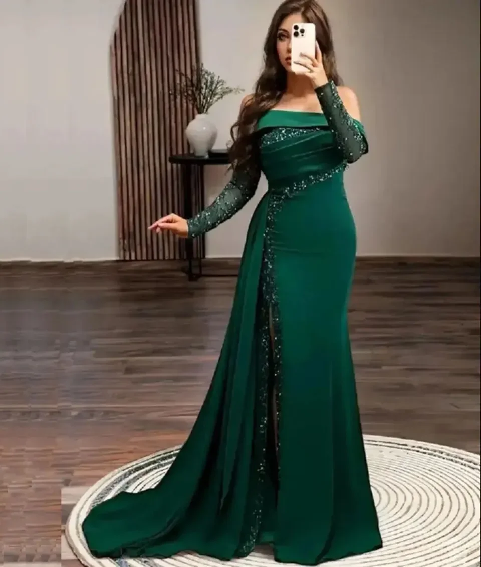 

Customized Dark Green Party Prom Gown Plus Size Mermaid Satin Off-Shoulder Long Sleeve Beaded Applique Sequin Evening Dresses