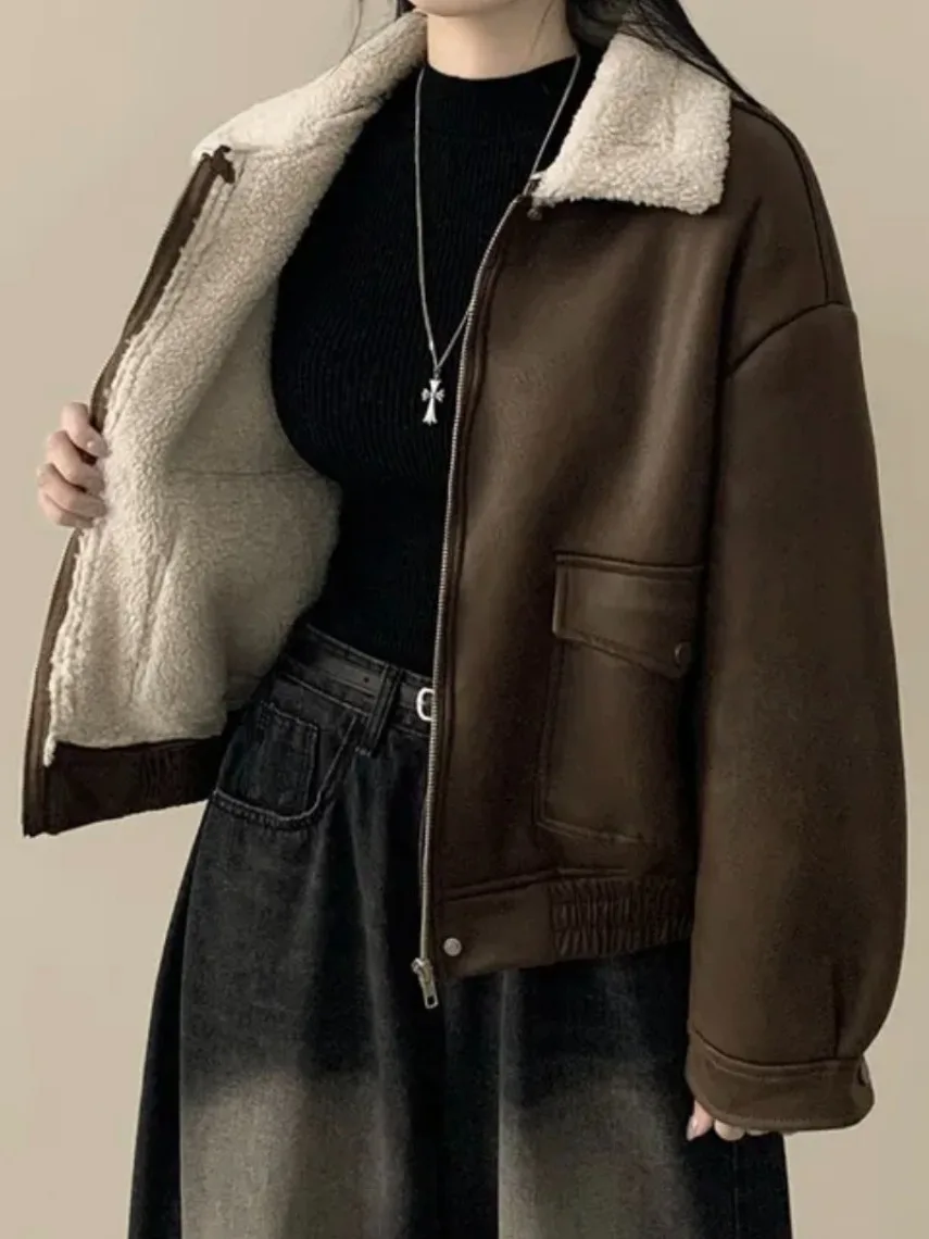 

Шикарное осенне-зимнее пальто с мехом ягненка в стиле ретро, длинное пальто с воротником-молнией, длина свекру, женская верхняя одежда, теплый полиэстер