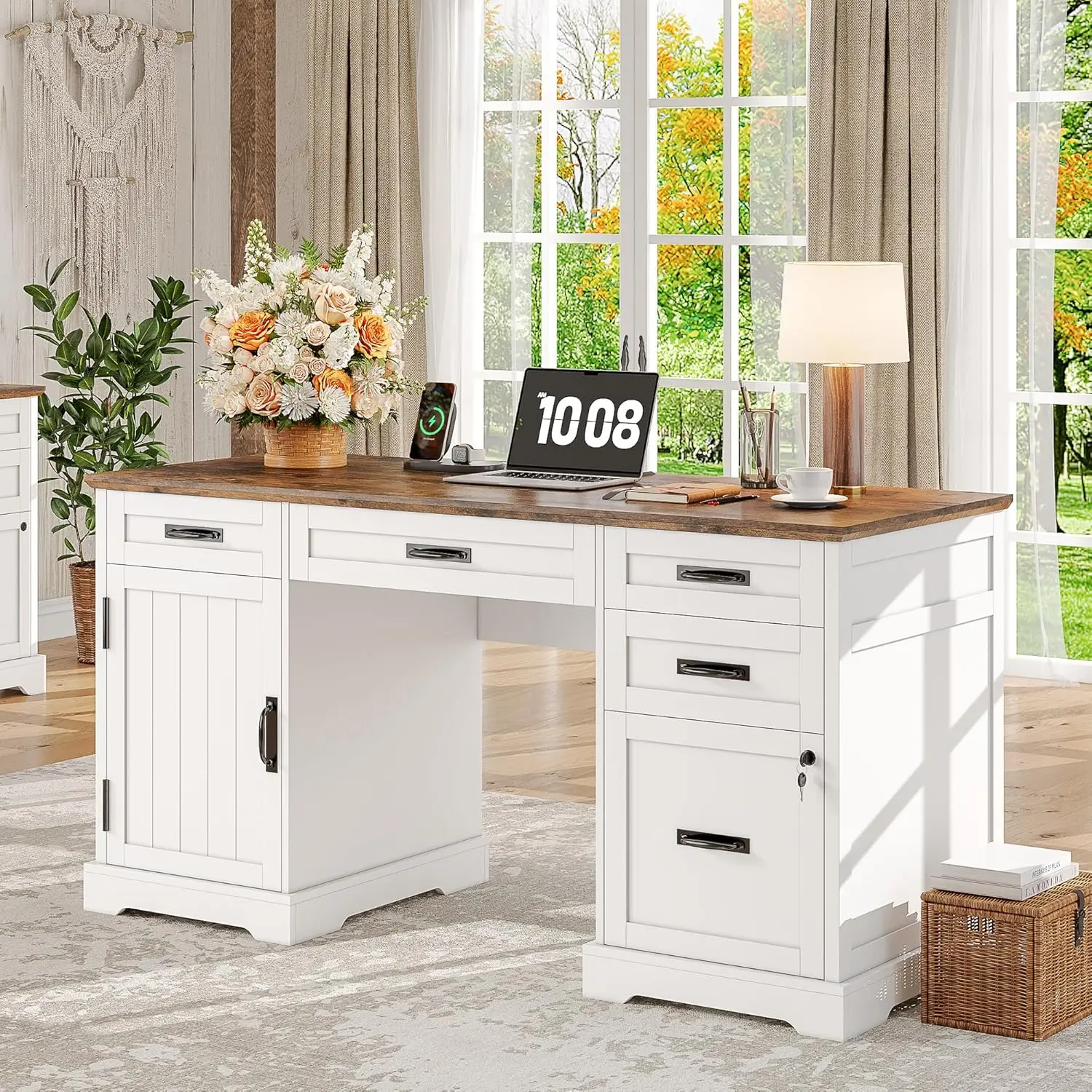 

Administrative desk with drawers, 55 inch wooden farmhouse, computer desk with filing cabinet and charging station, white