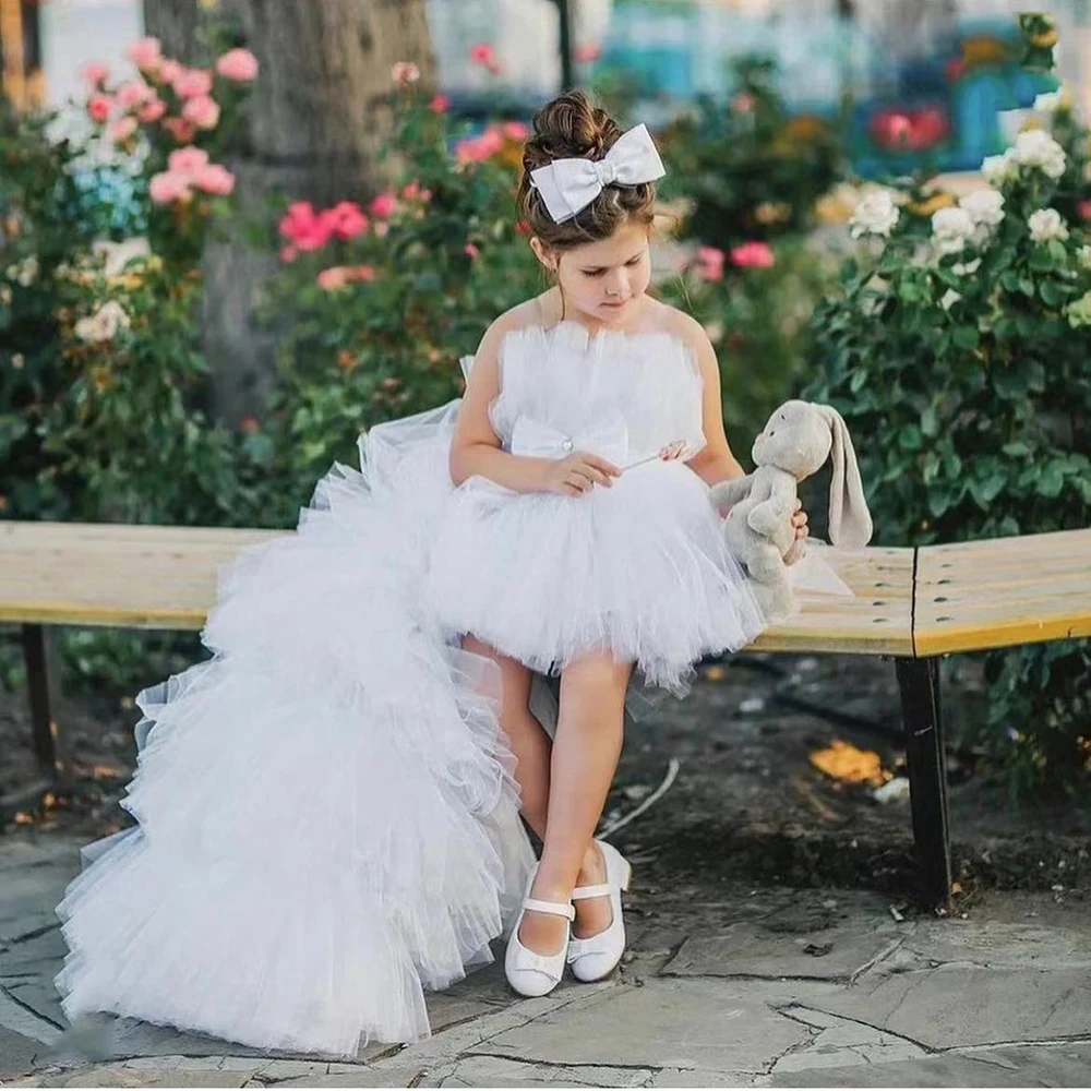 Layered Flower Girl Dress For Wedding White Tulle Sleeveless With Bow Cute Child First Eucharistic Birthday Party Dresses