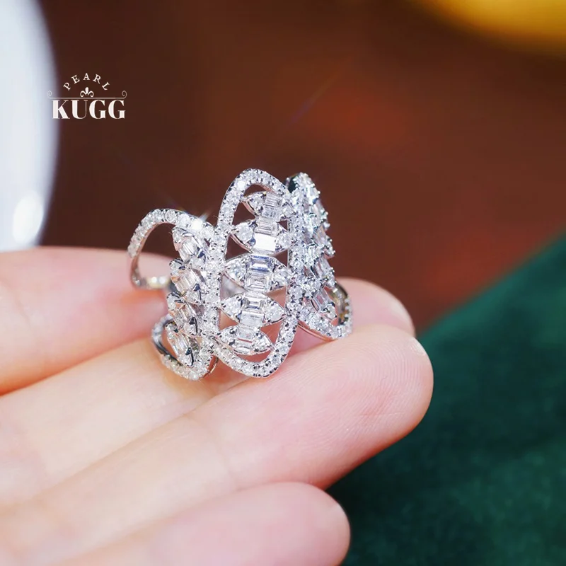 KUGG 100% 18K White Gold Rings Luxury Elegant Style 1.10carat Real Natural Diamond Engagement Ring for Women High Party Jewelry