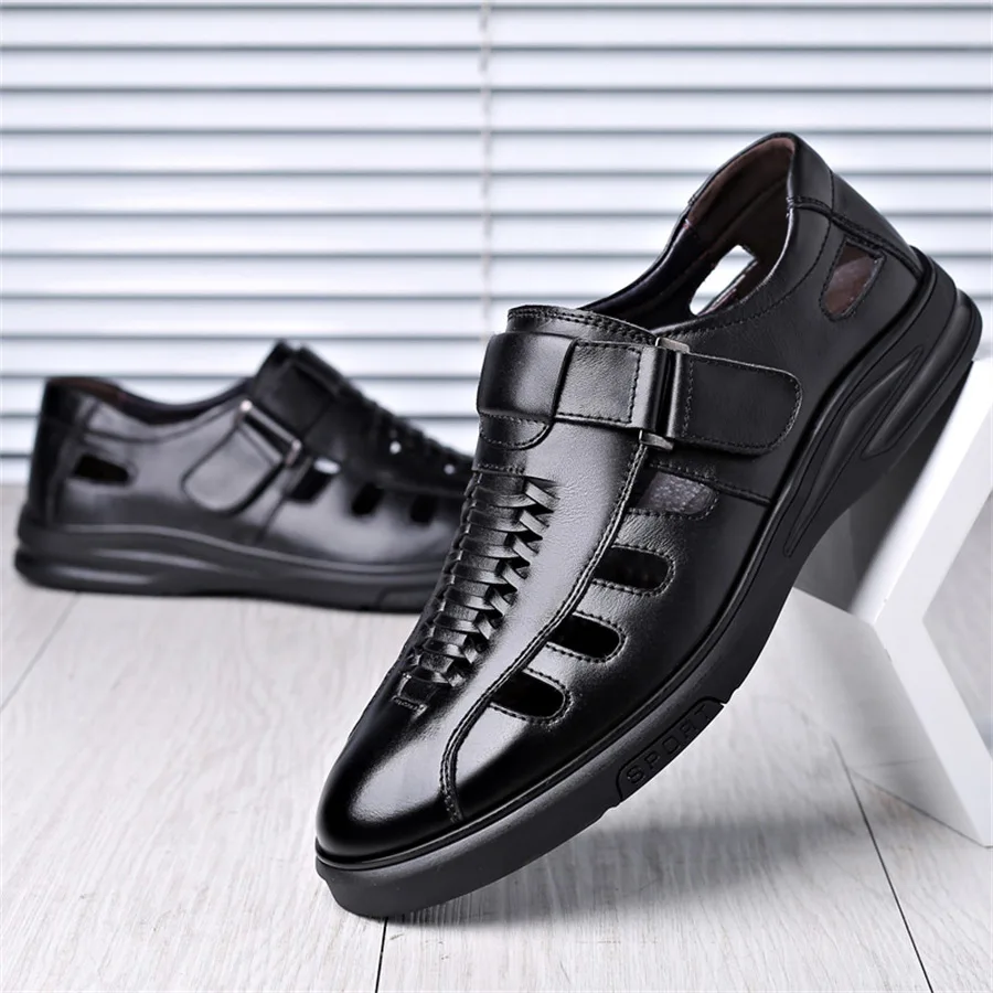 Summer 2026 New Men's Leather Business Sandals Breathable Soft Perforated Anti-Slip Comfortable Casual Outdoor Beach Shoes
