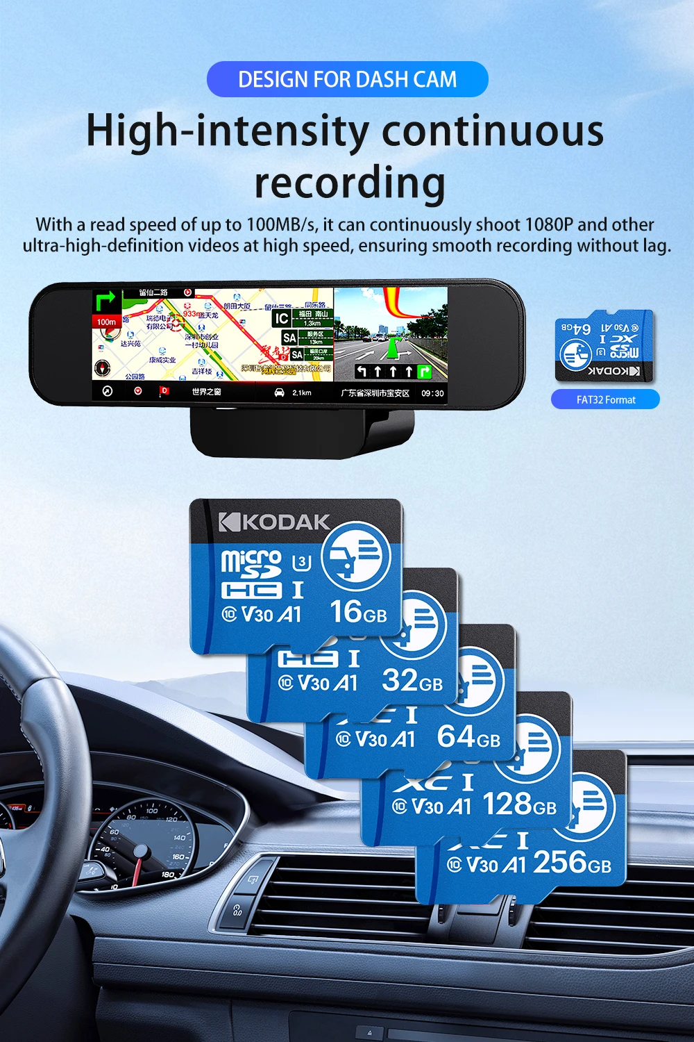 Kodak High Endurance Micro SD Card for Dash Cam FAT32 Memory Card 128/256GB 100MB/s Smooth 4K & Loop Recording Microsd Cards