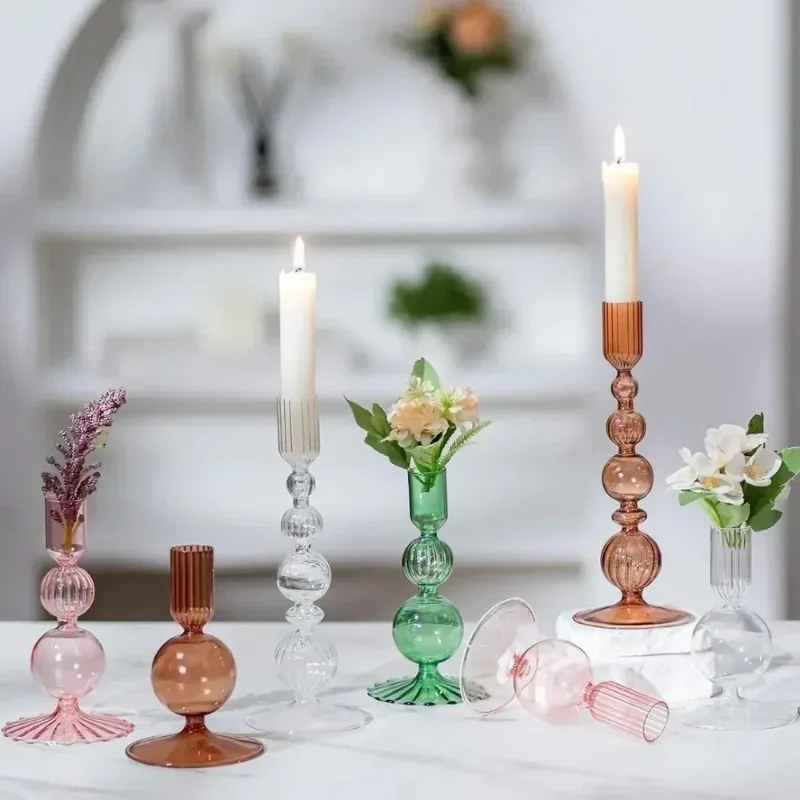 3Pcs/set Glass Candle Holder Unique Tapered Flower Vase Candlestick Romantic Minimalist for Table Centerpiece Home Decor Gift