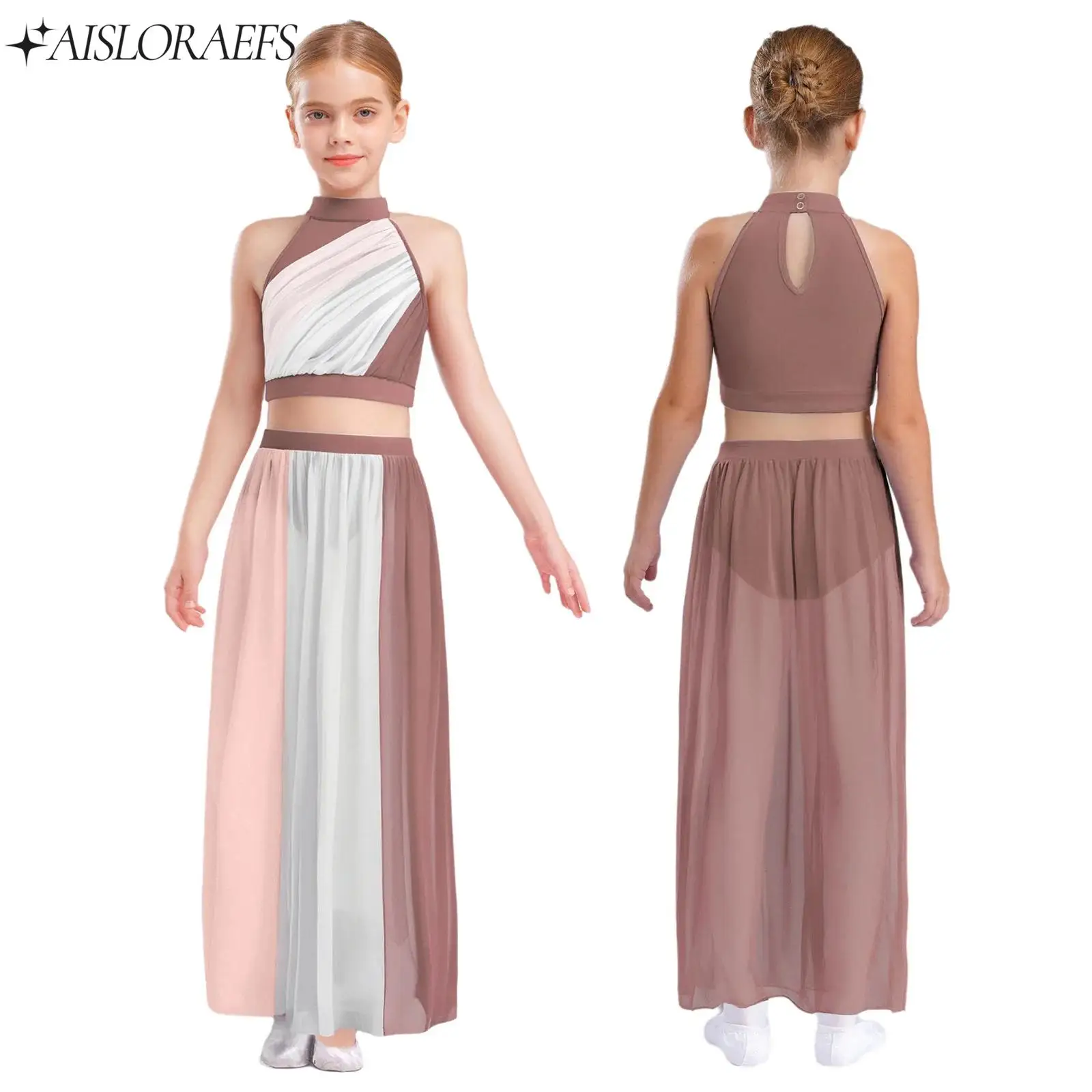 

Girls Ballet Lyrical Modern Dance Costume Sleeveless Color Block Crop Top with Split Flowy Chiffon Skirt for Performance Party