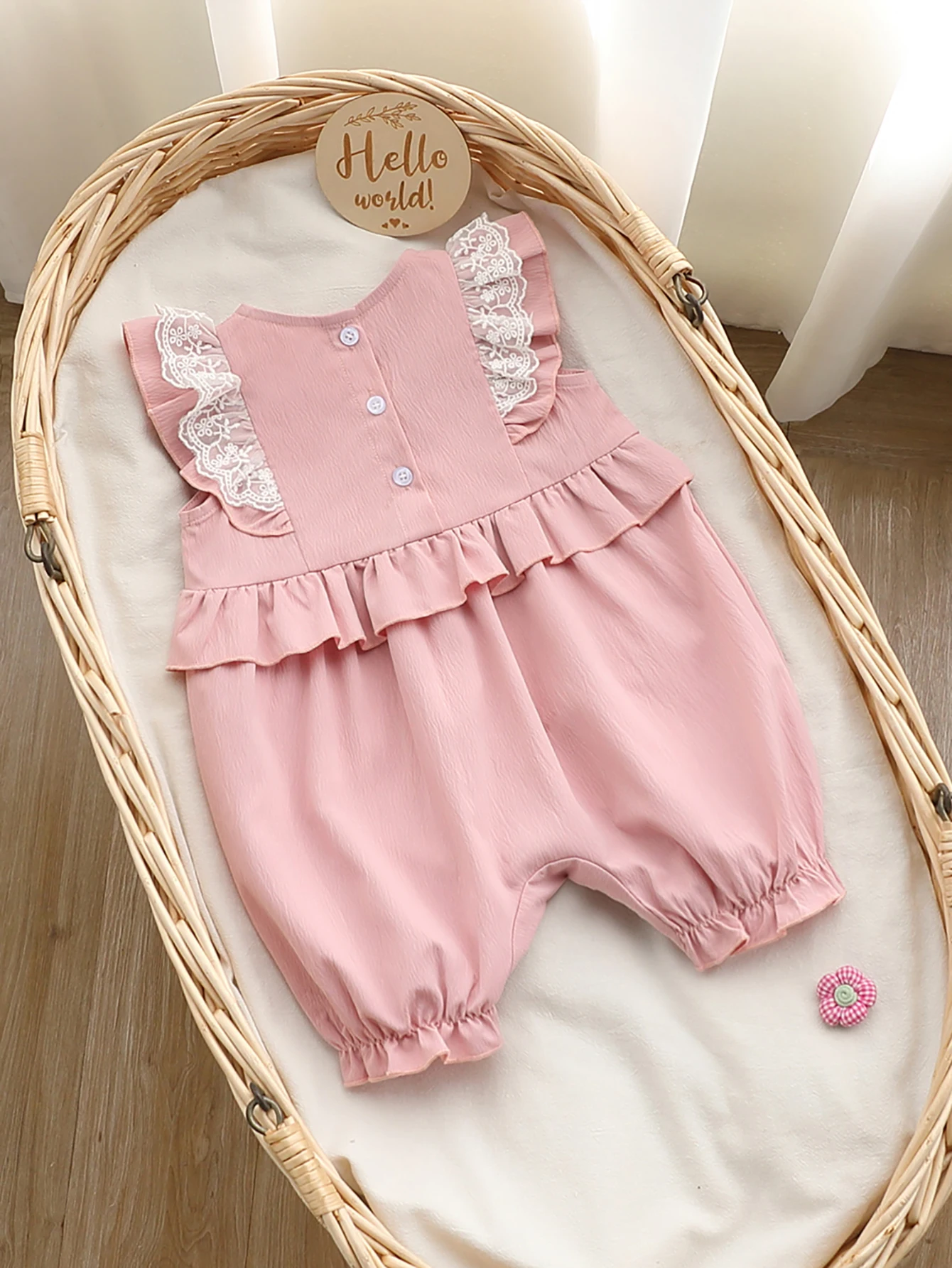 Baby Girl Summer Sleeveless Romper, Pink Textured Woven Fabric, Ruffle & Bow Decor, Crew Neck Short Jumpsuit
