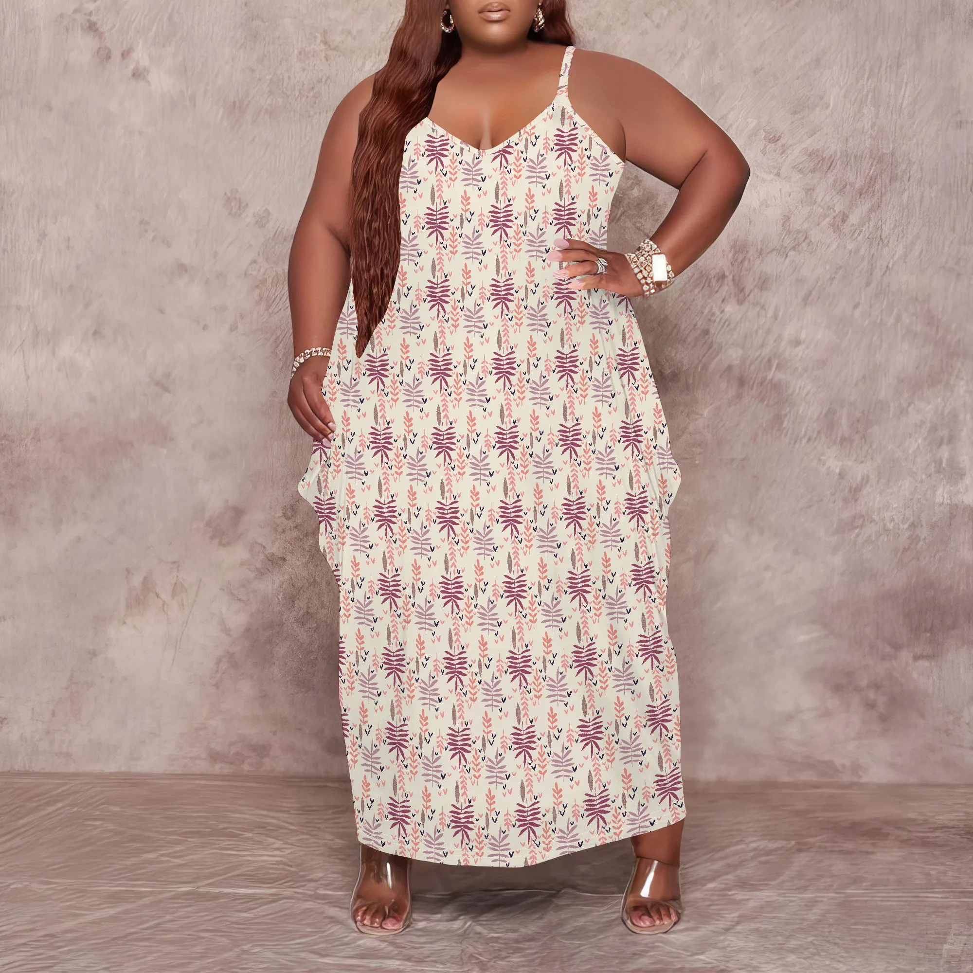 Women Plus Size Dress Floral Print Loose Halter Long Dress with Pocket Breathable Country XL-6XL