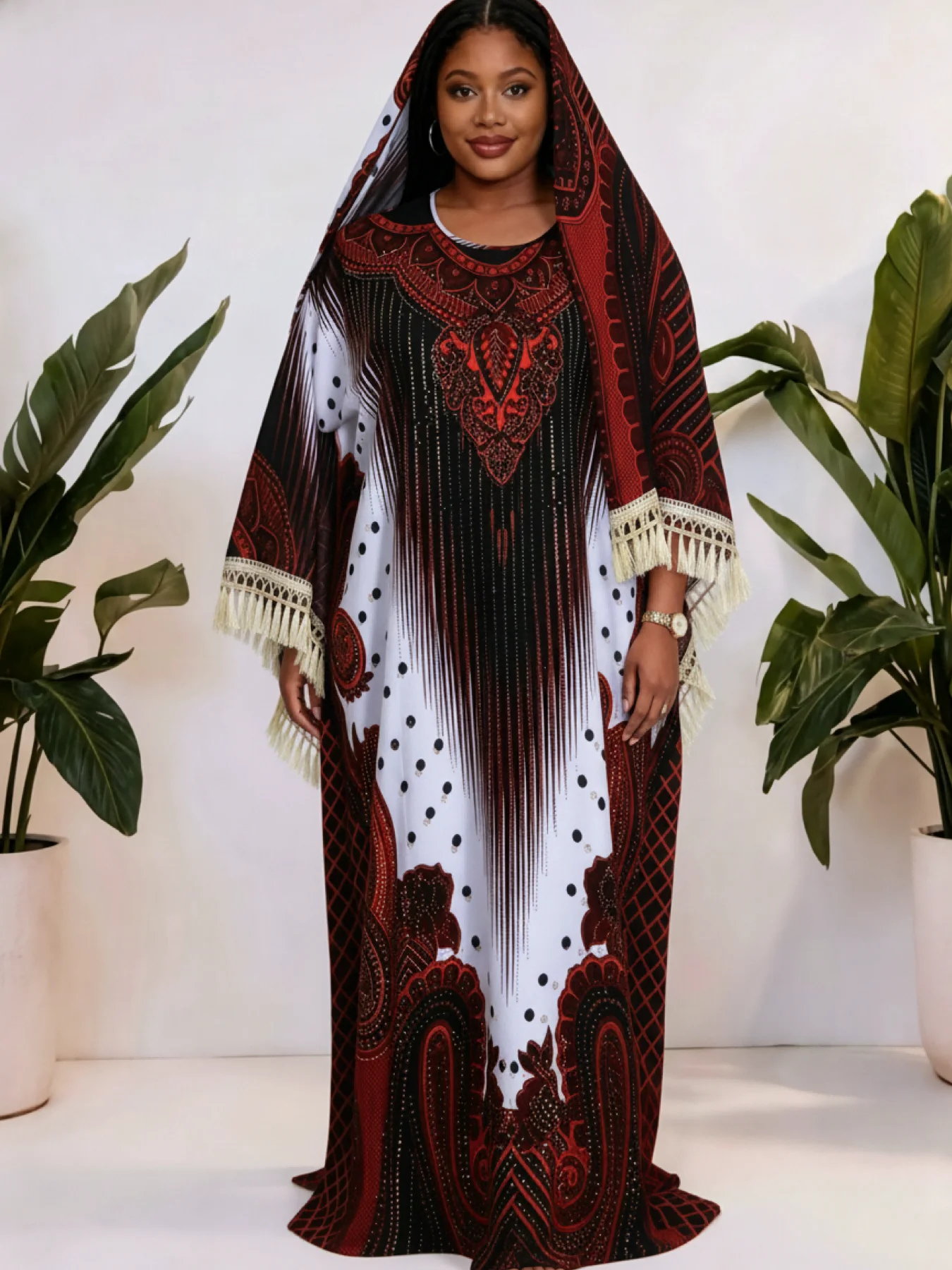 

Traditional Floral Print Abaya Dress Plus Size Long Robe with Scarf Middle Eastern for Women