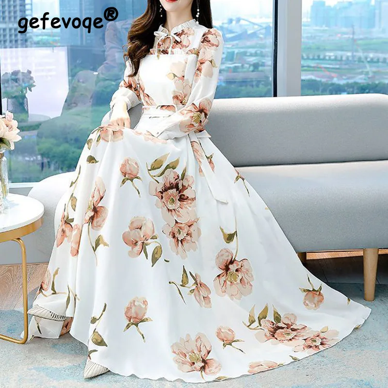 

Women Ruffle Lace Up Long Sleeve Elegant Party Dresses Fashion Vintage Floral Print Fairy Maxi Dress High Waist Pleated Vestidos