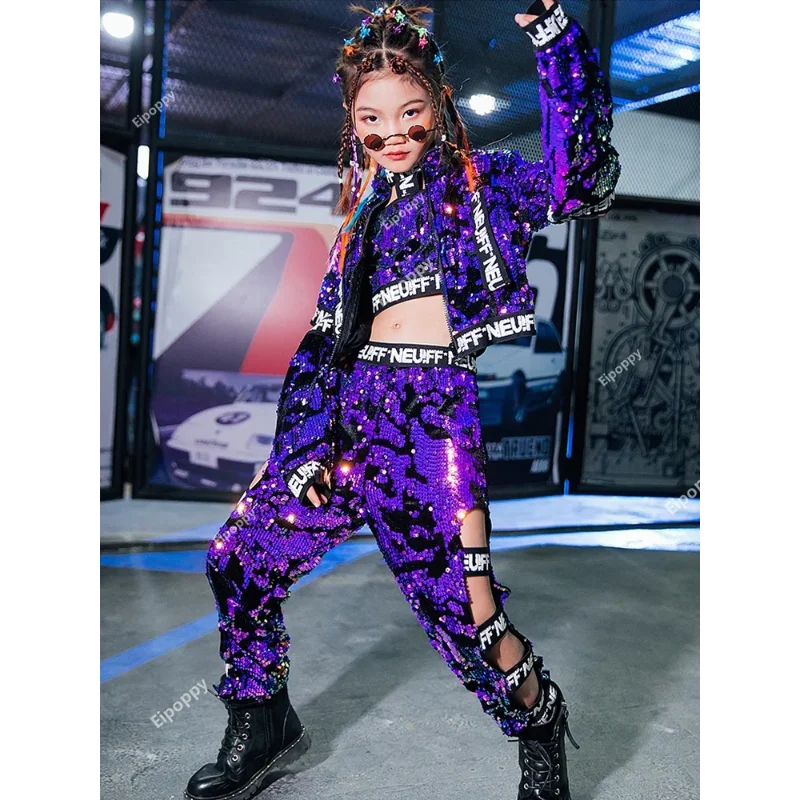 Children Girls Purple Sequin Hip Hop Set Street Dance Performance Clothing Jazz Costume Stage Dancing Wear Flared Sleeve Clothes