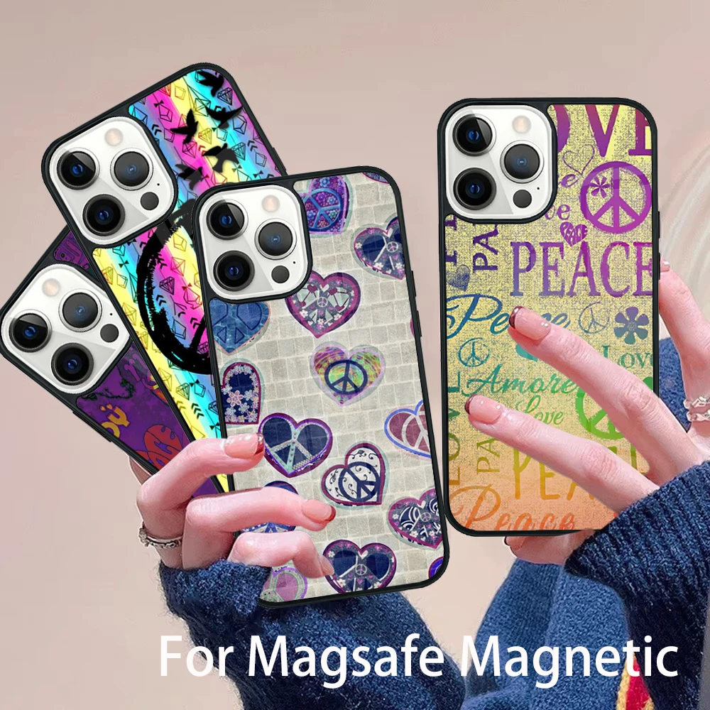 

Love Peace Sign Phone Case Magesafe Magnetic Wireless Charge Cover For IPhone 16 11 12 13 14 15 Pro Max Plus